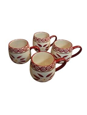 Temp-tations Old World Red Floral 14 oz Coffee Mugs x 4 Ceramic Fall Holiday